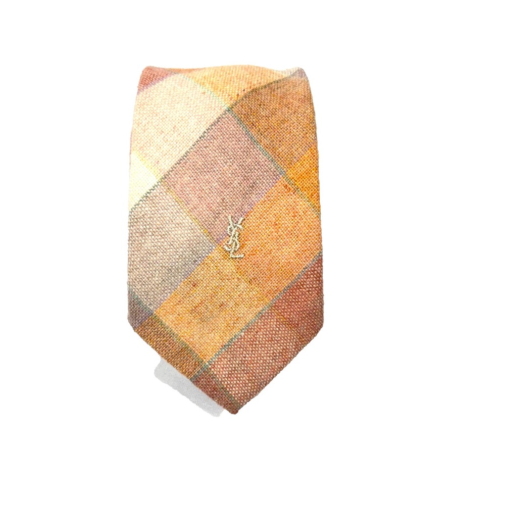 Vintage Yves Saint Laurent Wool Neck Tie Brown Plaid Skinny Made Italy 54" x 3"